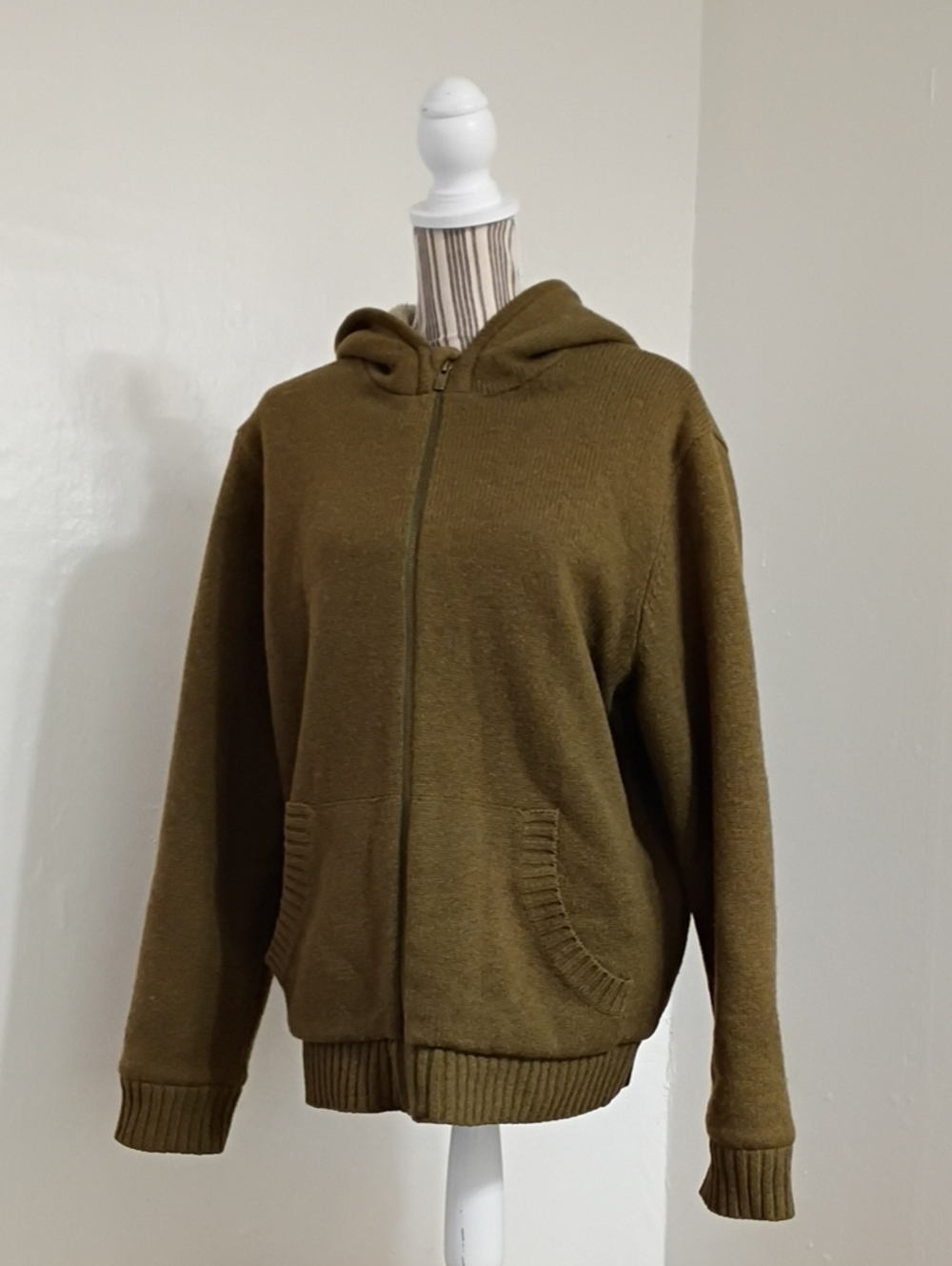 LL Bean Vintage Lambswool Full Zip Sherpa Lined Hooded Knit Jacket Size M